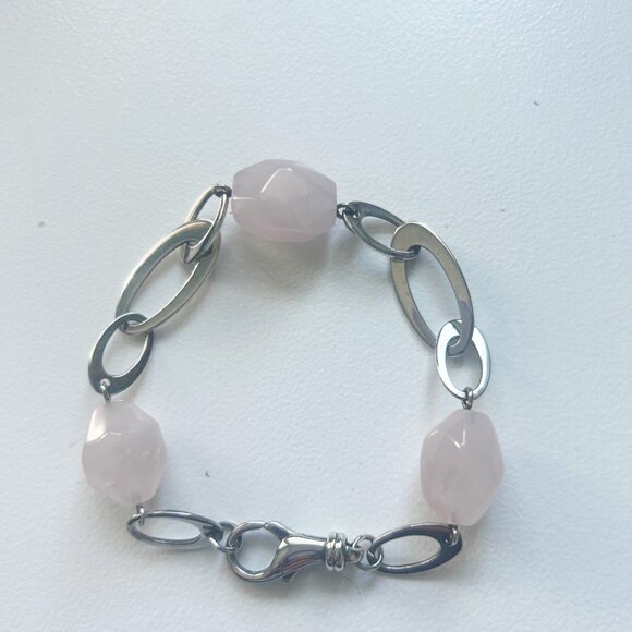 Large Rose Quartz stones and Sterling Silver oval link bracelet - Picture 2 of 5